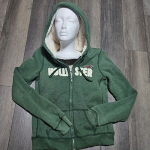 Hollister Y2K Faux Fur Sherpa Lined Medium Vintage Hoodie Double Zip Up Green